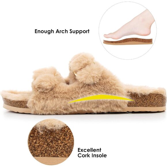 Women's Light Brown Cozy Lining Faux Rabbit Fur Cork Open Slipper Sandals Shoes - Picture 4 of 7